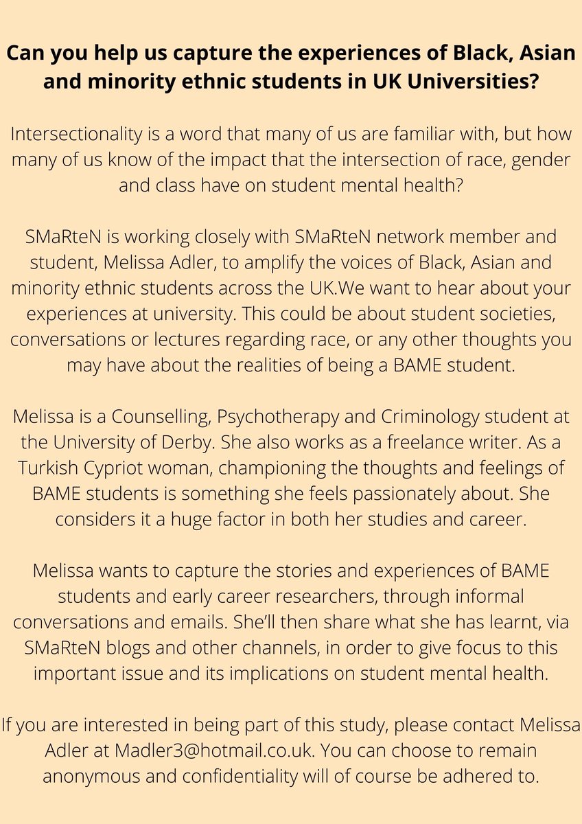 Can you help us capture the experiences of BAME students in UK Universities?

SMaRteN is working with Counselling, Psychotherapy and Criminology student, Melissa Adler, to capture the stories and experiences of BAME students and early career researchers 👇