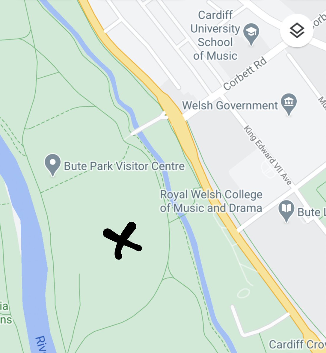 Hi everyone, 
Just a reminder about our socially distanced give it a go / meet up tomorrow. This'll be from 2-4 and we'll be in Bute Park behind the Royal Welsh College approximately in the place marked below! See you there!