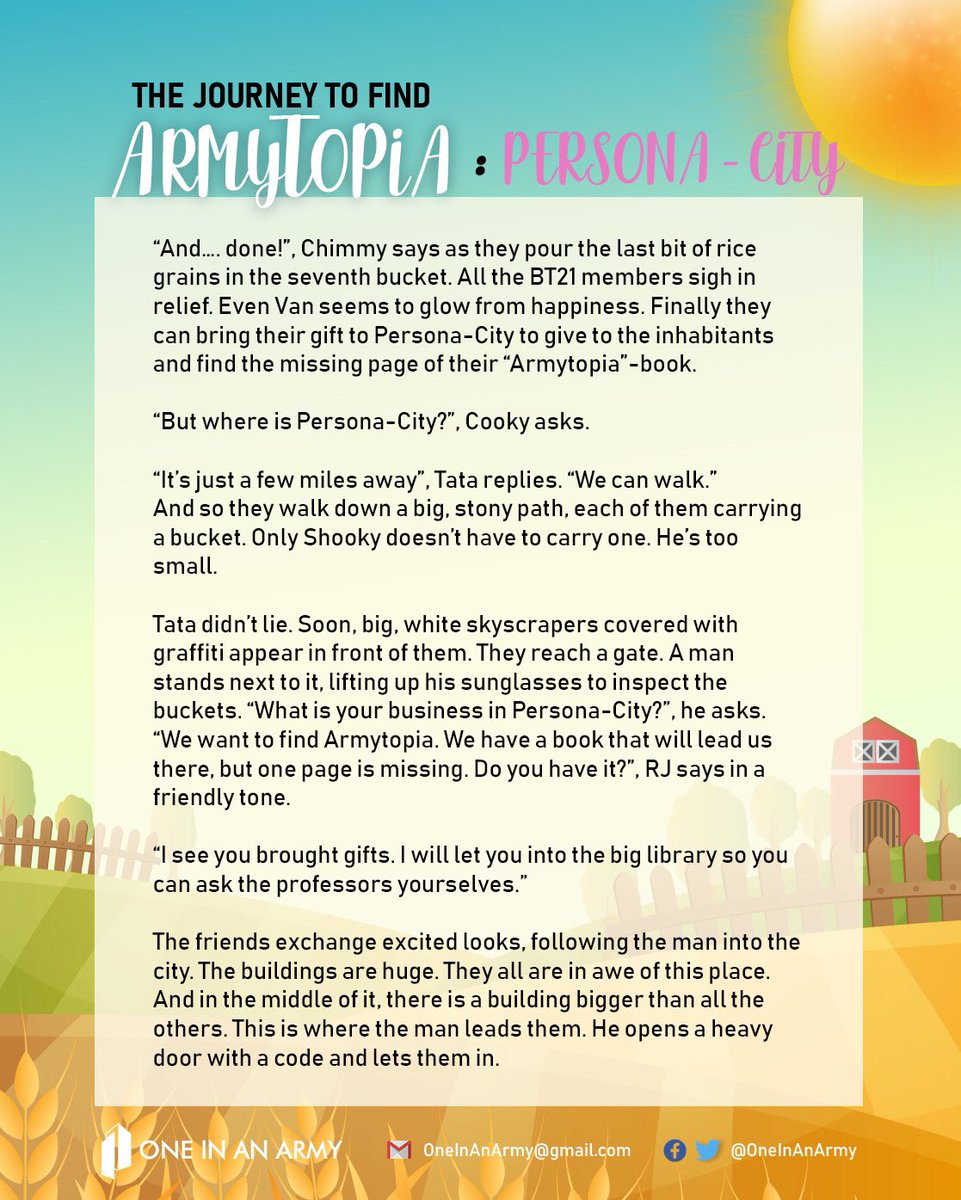  #JourneyToARMYtopia Part 1: CompletedWith ARMY’s help, BT21 has filled 7 baskets with rice (and enough rice to spare!) & can now take them to Persona-City to give them to the professors & get the missing page of their ARMYtopia travel book in return!What happens next?