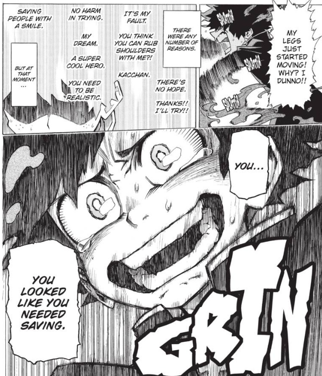 And here we get a callback to the very first chapter of the series. Embodying the spirit of a true hero, Bakugo put himelf in harm's way to save Deku before he could even think, finally returning the favour