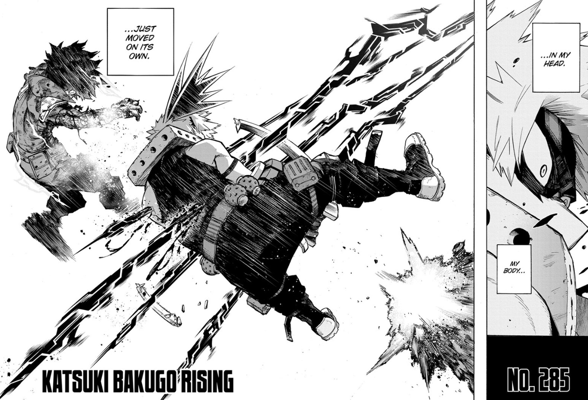 And here we get a callback to the very first chapter of the series. Embodying the spirit of a true hero, Bakugo put himelf in harm's way to save Deku before he could even think, finally returning the favour