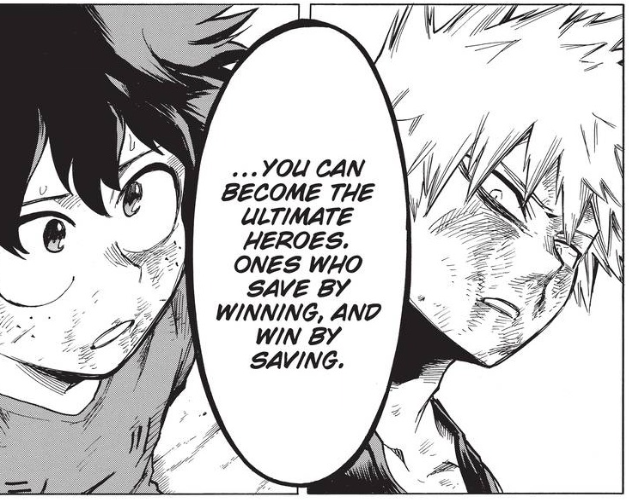 Deku and Bakugo's core dichotomy has been "win and save", since the start of MHA. And in this fight we can see them both having reached the opposite side to where the began - Deku risking life and limb not to save someone, but to defeat a villain, while Bakugo puts himself in