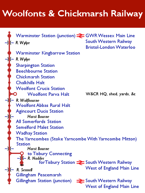 18/ and the hamlet of Woolfont Parva, now threatening to grow larger than Magna with the HQ, shop, and yards of the restored steam Woolfonts & Chickmarsh Railway (shown: No. 1021 Earl of Maynooth down train to Gillingham Peacemarsh)