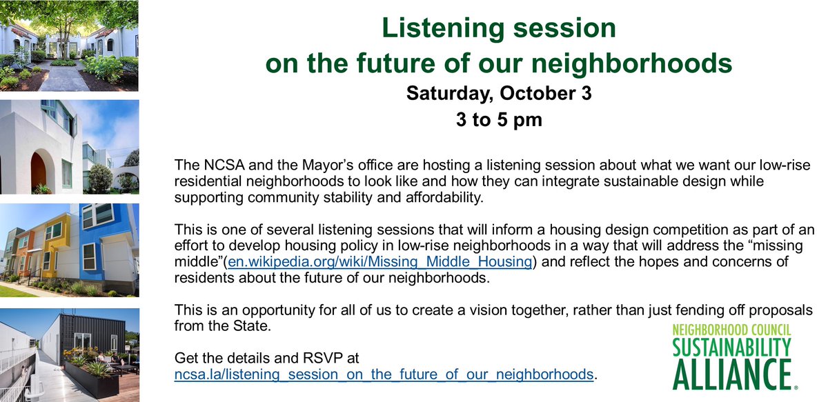 LA_NCSA's tweet image. Do you want a voice in what your neighborhood will look like? Join us and the office of @MayorOfLA to share your thoughts! Visit ncsa.la/listening_sess…. #density #housing