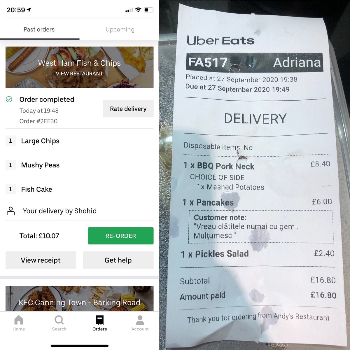 williamg97's tweet photo. @Uber_Support used Uber eats tonight. The order that turned up wasn’t from the restaurant I ordered from. How can I contact you? This is shambolic. https://t.co/ZSpfcFLG4Q