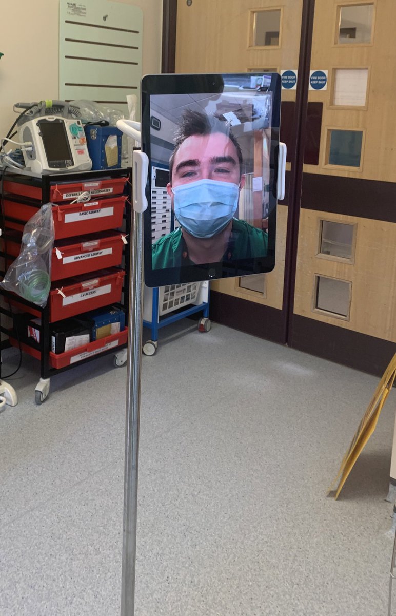 Back to using our iPad/selfie stick/drip stand combo for ward rounds in the red zone. Saves PPE and potential exposure when 1 person sees patients and others in clean area do notes etc. <a href="/CwmCare/">Cwm Taf Morgannwg Critical Care</a> <a href="/CwmTafMorgannwg/">Cwm Taf Morgannwg University Health Board</a>