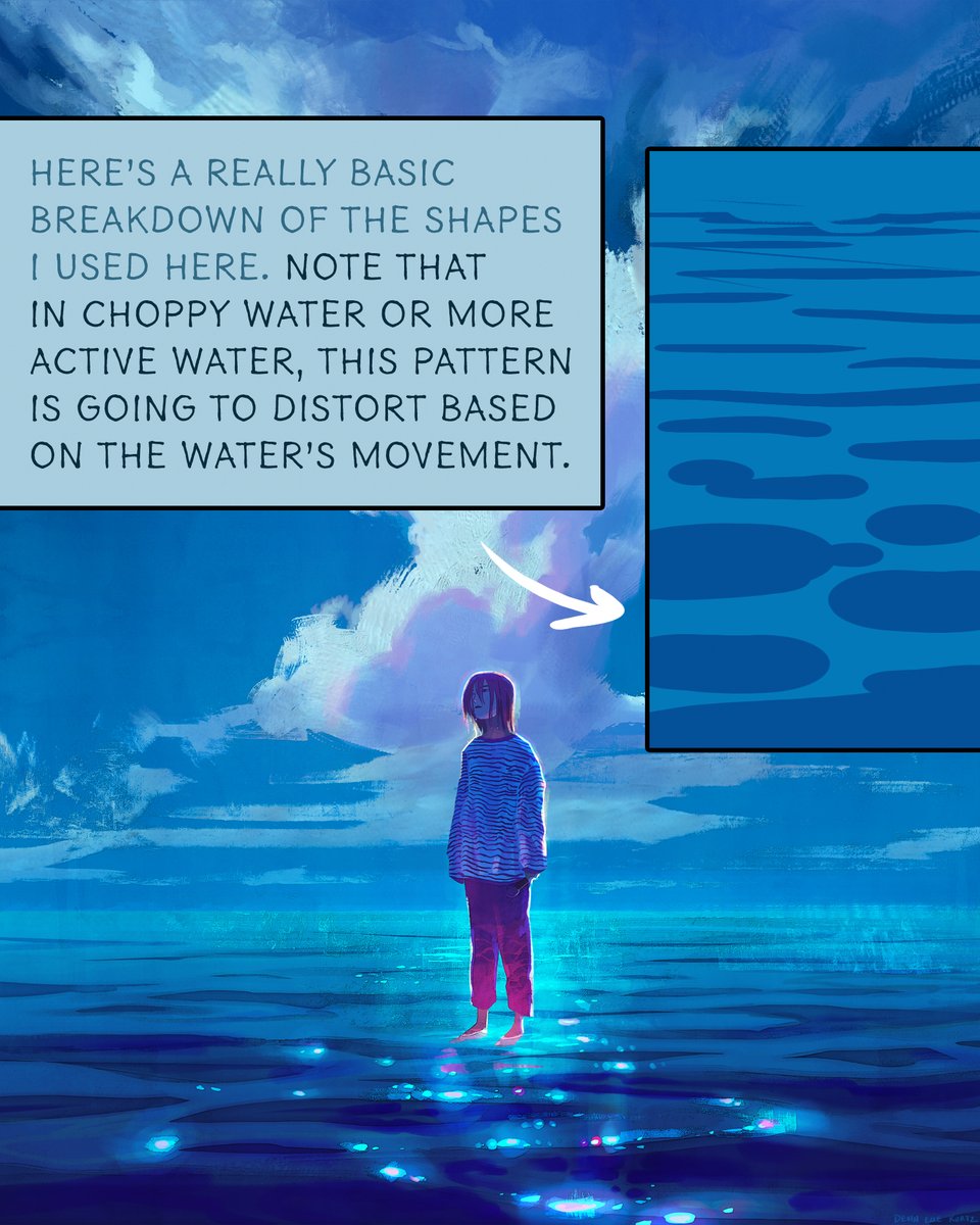 Moving onto the surface of the water from above... the surface will be based heavily on the sky and environment. I find all the color combinations I play around with by browsing and studying photography. Subtle value, saturation, and hue shifts make a big difference.