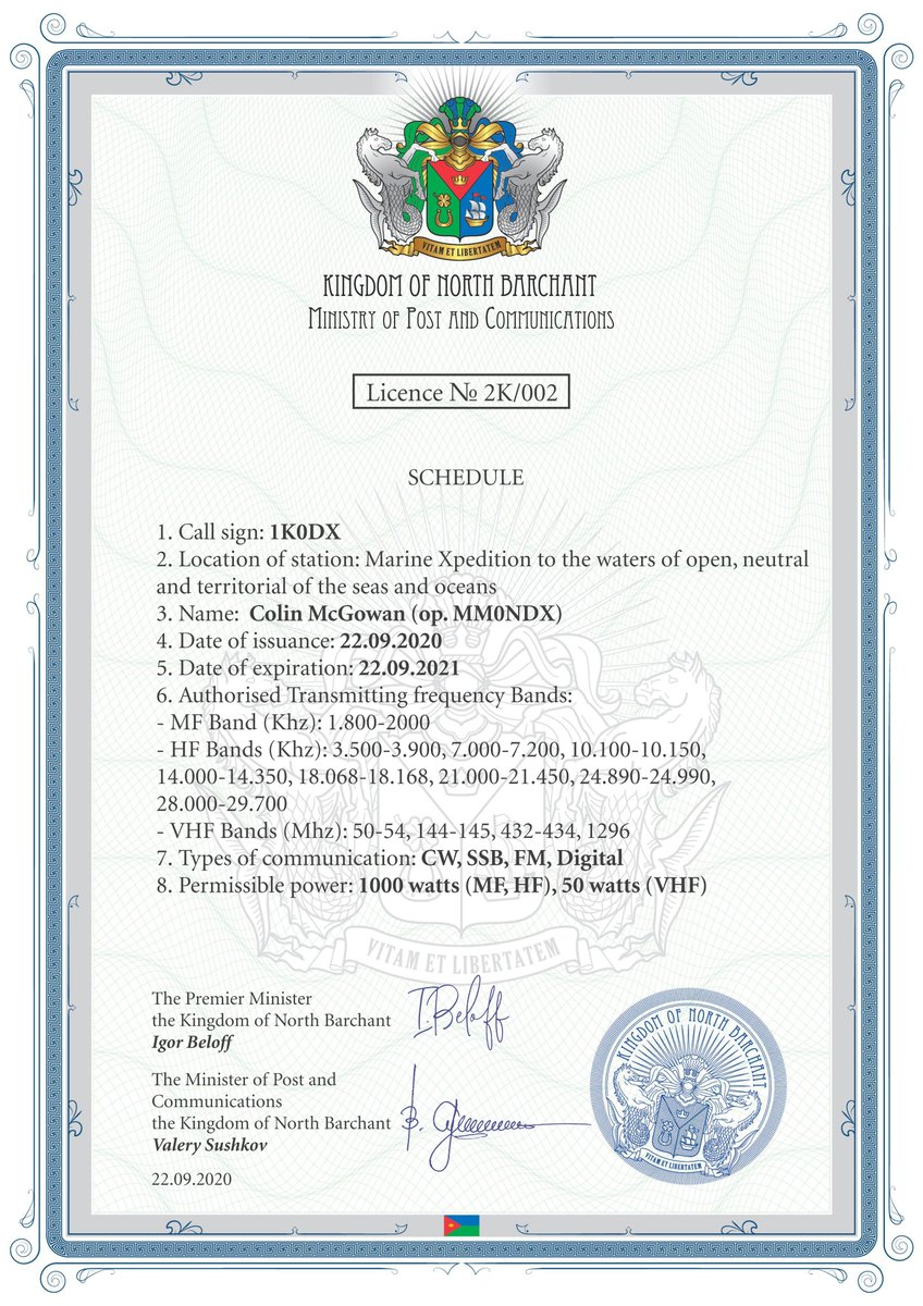 mm0ndx's tweet photo. Recently I received a radio license from the Kingdom of North Barchant. The 2nd license ever issued no less. 

The Kingdom of North Barchant is a "micro-nation", albeit a virtual one. :-D

Nonetheless, 1K0DX is kinda cool callsign. 

https://t.co/F49xQf4eyS https://t.co/2l3LPqQhFq