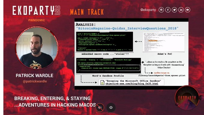 patrickwardle's tweet image. Was stoked to be able to speak at @ekoparty 2020 #Pwndemic 😍 Mahalo to the conference organizers &amp;amp; attendees for an amazing experience! 🤩

Hasta la proxima vez! 👋