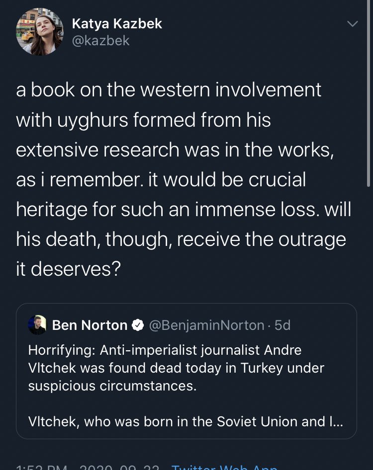dedicated his life to exposing the crimes of western imperialism & had a book in the works,died in turkey under “suspicious circumstances” in his own car, where ETIM (the org that uyghur separatists join) terrorists & the Muslim Brotherhood have been well known to execute enemies