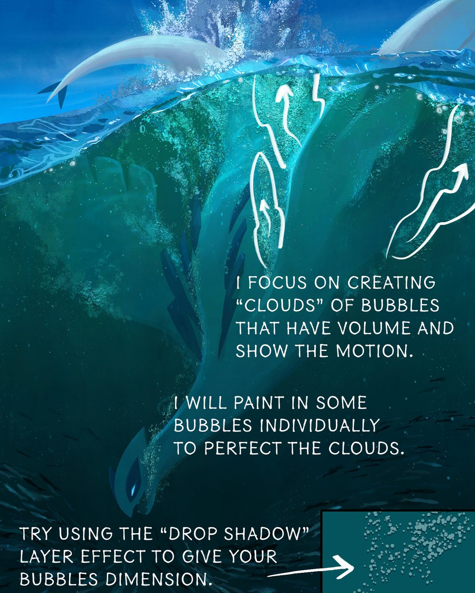 Next up - Bubbles. Bubbles are one of the greatest tools for achieving depth and the illusion of distance underwater.Bubbles following motion will dictate how powerful the motion was and how much water it pushed.