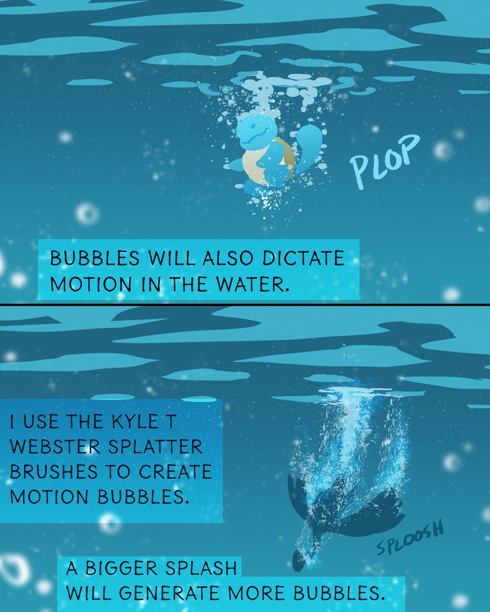 Next up - Bubbles. Bubbles are one of the greatest tools for achieving depth and the illusion of distance underwater.Bubbles following motion will dictate how powerful the motion was and how much water it pushed.