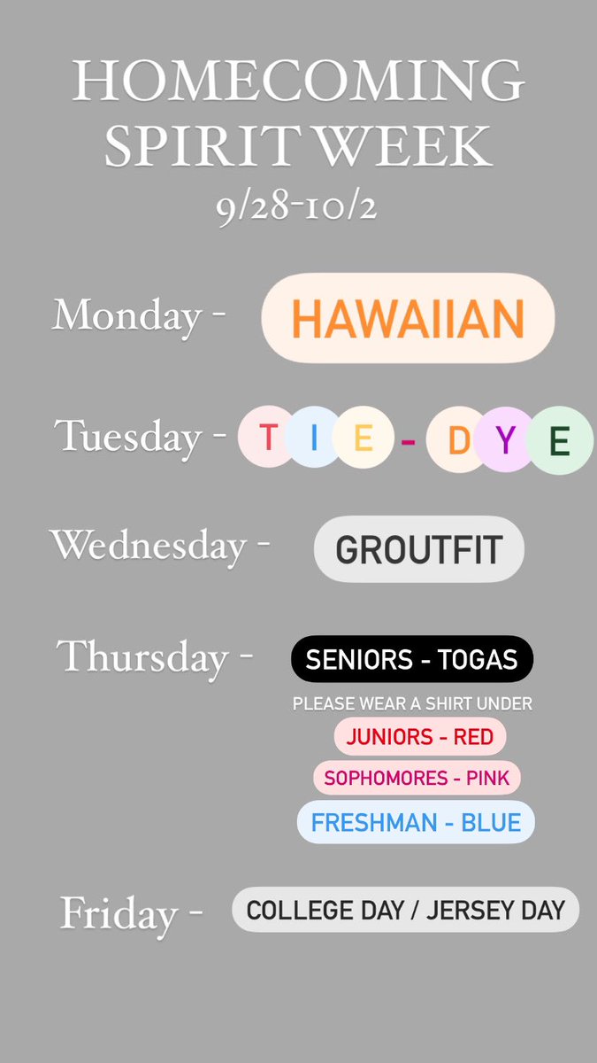 Homecoming Spirit Week starts tomorrow and goes through Friday!!