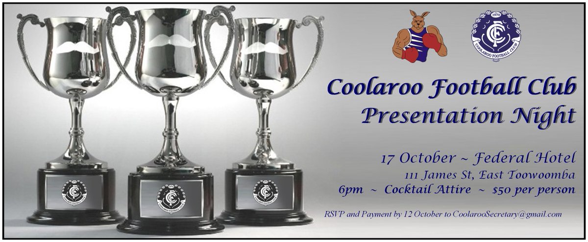 CoolarooFC's tweet image. Coolaroo Presentation Night

 • 17th October at 6:00pm
 • Federal Hotel, 111 James St
 • Cocktail Attire ~ $50 per person
 • RSVP and Payment by 12th October to CoolarooSecretary@gmail.com

facebook.com/events/6658907…

#goodol' #est1970