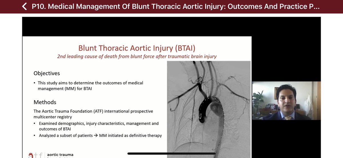 DrAliAzizzadeh's tweet photo. Dr. Cassra Arbabi presenting medical management of blunt thoracic aortic injury #BTAI from the #ATF Aortic Trauma Foundation Global Registry #WVS2020 @AortophilicMD @Dumbstintheroom @benstarnesmd @AorticTrauma https://t.co/ShrjIvDJ0l
