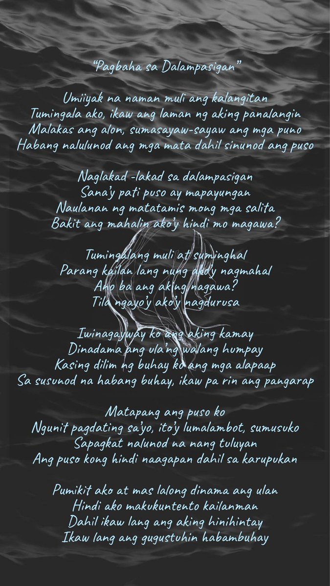 acts_dlsl's tweet image. Halina at basahin ang tulang pinamagatang &quot;Pagbaha sa dalampasigan&quot; na akda ni Czarinah Galvez mula sa hanay ng mga manunulat. 

Ikaw, sino ang iyong ninanais na makasama habang-buhay? 

#WriteForChange 
#WritersGuild