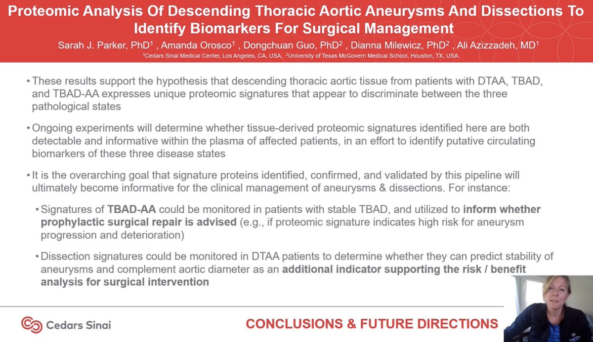 DrAliAzizzadeh's tweet photo. Dr. Sarah Parker discussing proteomic analysis of descending thoracic aortic aneurysms #DTAA and #dissections to identify #biomarkers #WVS2020 #ThinkAorta @CedarsSinai @DiannaMilewicz @JRFromtheHeart https://t.co/NJ1t49al0m