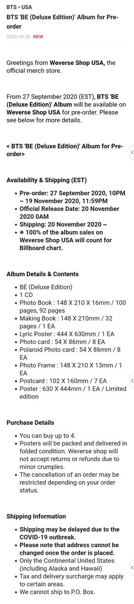 Weverse Shop USA- $50.90 + $14.99 shipping -+ tax if applicable- Limit 4- Folded posters- Counts for Billboards @BTS_twt