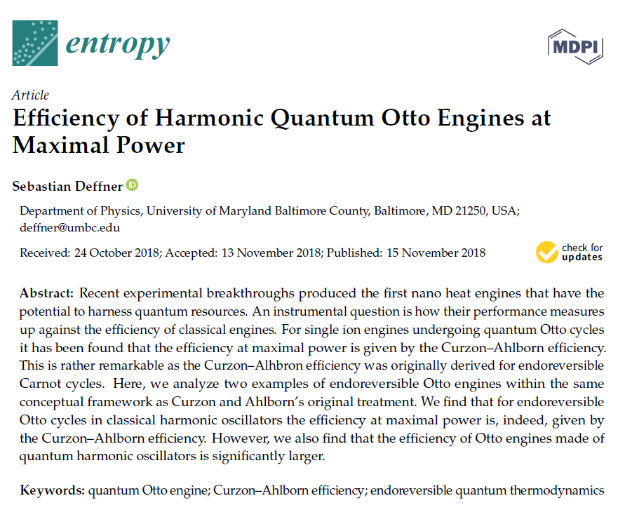 Entropy_MDPI's tweet photo. #mdpientropy Top Cited Paper : "Efficiency of Harmonic Quantum Otto Engines at Maximal Power" https://t.co/JVyQtgZ5xN
#quantum #Ottoengine
#endoreversible #quantumthermodynamics https://t.co/XX6c9J6MuB