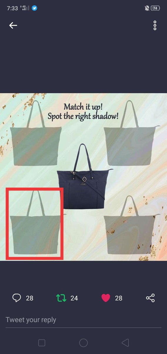 GoldQueenie4's tweet photo. @LavieWorld Spotted๐
#matchitup #fungame #contestalert #contesttime #handbag #totebag #matchtheshadow #stylishbag
Join
@satyapaljain_86 @Dazzlingcutie1 @KpParmar98 @sandeep0_07 @SJ_0016 @chilled_Sup @deora_gunjan @kusumsolanki17 @imPalak18 @abha_mishra19 @Smiley_Bharati @Soniyaskjain1 https://t.co/Mpw0aoZ625