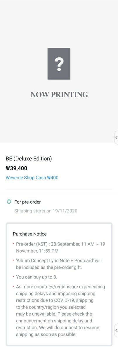 Weverse Shop Global- 39.4K won or $35.46 + shipping- Limit 8- Pre-order gift - Lyric note and postcard (limited, Weverse Shop Global only) @BTS_twt