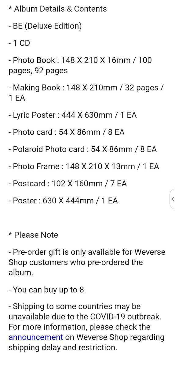 Weverse Shop Global- 39.4K won or $35.46 + shipping- Limit 8- Pre-order gift - Lyric note and postcard (limited, Weverse Shop Global only) @BTS_twt