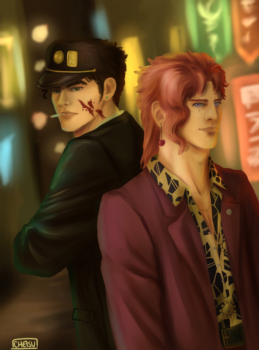 cheisu_art's tweet photo. Signed up to do the #FandomAGoGo collab and just about managed to make this quick piece before the deadline.
Started playing Yakuza 0 yesterday and couldn't help but cross Jojo with the series - Jotaro as Kiryu and Kakyoin as Nishiki.
#jojo #jjba #yakuza
(speedpaint coming!) https://t.co/Bb2nwuUaSF