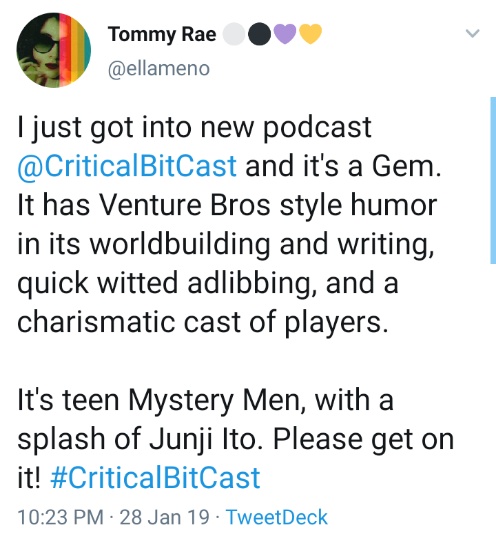 Other people have favorably compared  @CriticalBitCast to Venture Brothers too which is really, really flattering and neat haha