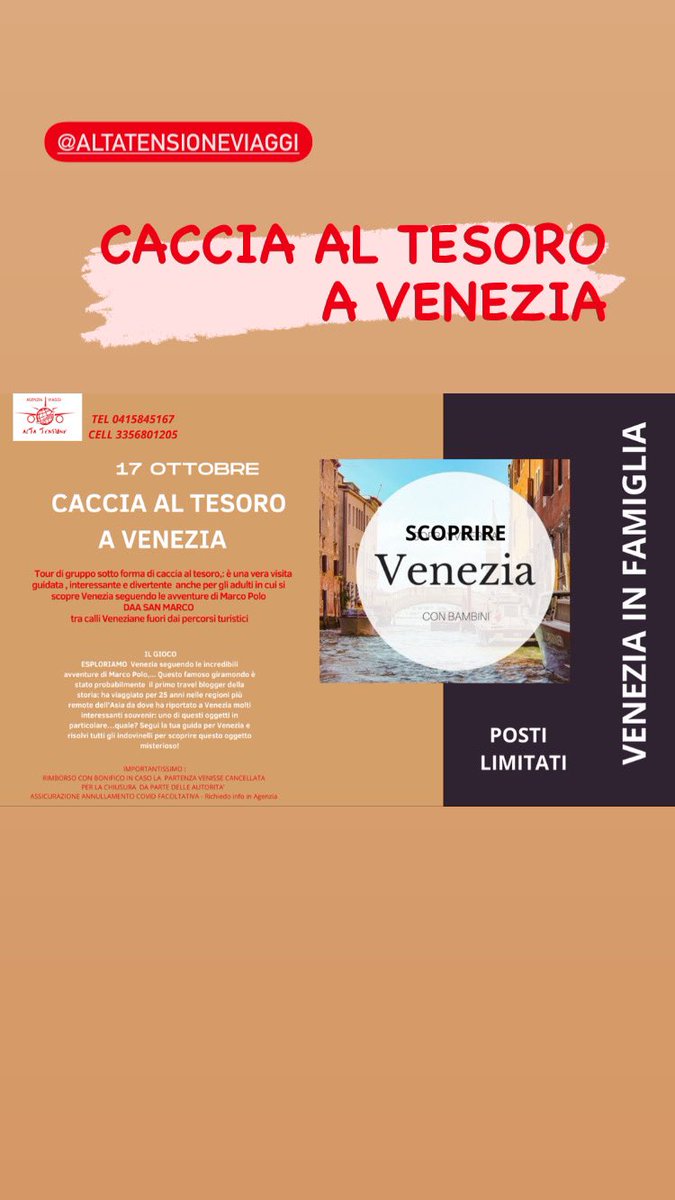 berto_barbara's tweet photo. ALLA SCOPERTA DI VENEZIA 👀 STAVOLTA FACCIAMO DIVENTARE PROTAGONISTI I VOSTRI FIGLI e NIPOTI ( per le zie come me )
UNA CACCIA AL TESORO TRA LE CALLI VENESIANE 😃😄😍😄😃 chiama per info in Agenzia @AltaTensioneVIa ☎️ 0415845167 https://t.co/0V21CWFLbc