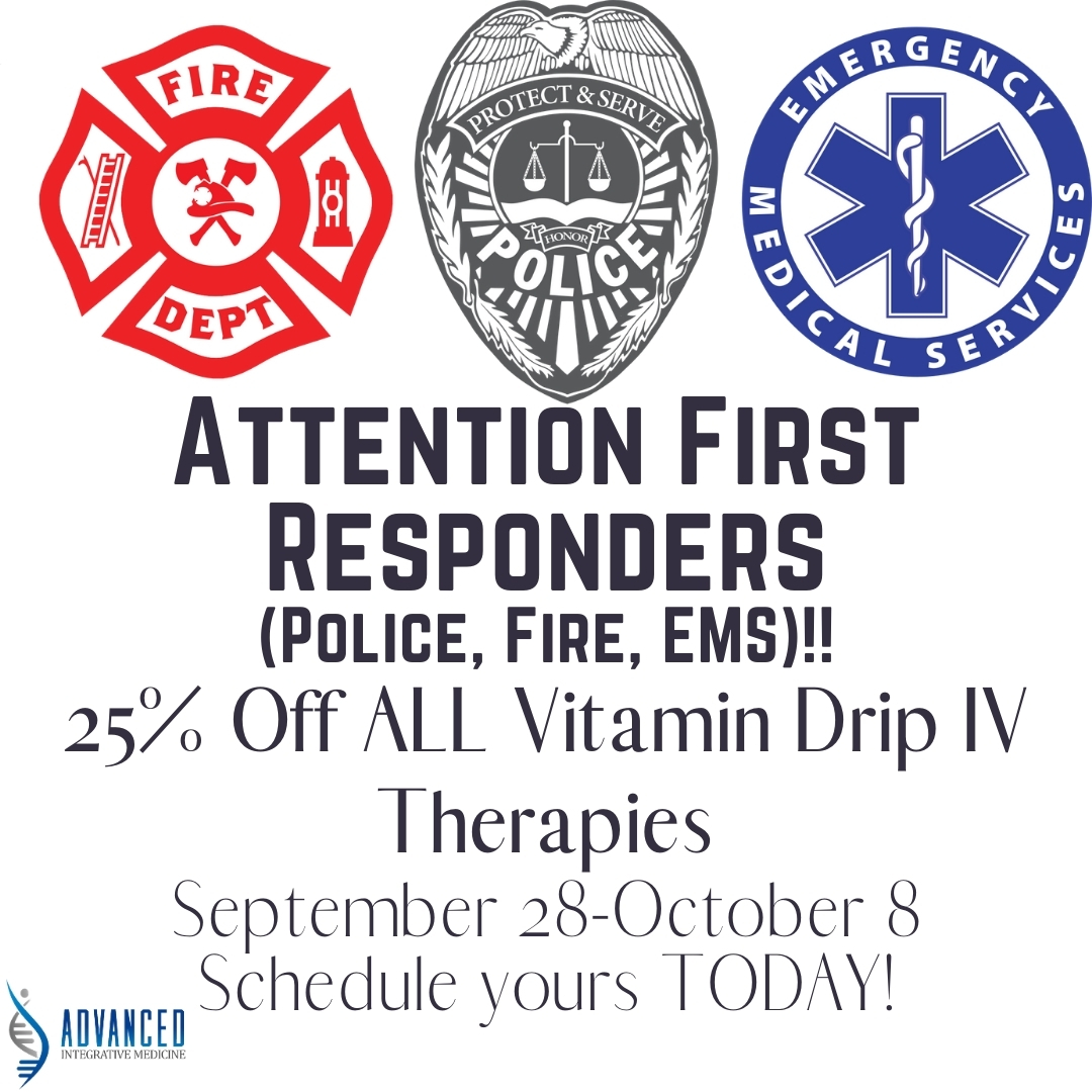 AdvancedIntegr5's tweet photo. Attention First Responders!!  Your 2 weeks of 25% off Vitamin Drip IV Therapies begins TOMORROW!!  Call or message us to schedule your appointment!! 
(540) 775-2250 or info@aimedva.com https://t.co/zTQGlQaQqB