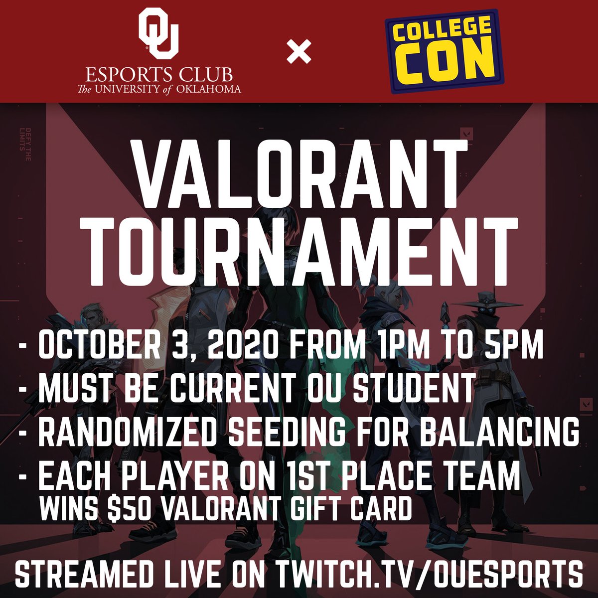 OUEsports's tweet photo. Here are the details for our upcoming Valorant tournament! Make sure to register at https://t.co/tYaZQ826qR

#OUesports #BoomerSooner #CollegeCon #Valorant https://t.co/SlVGNk0N7b