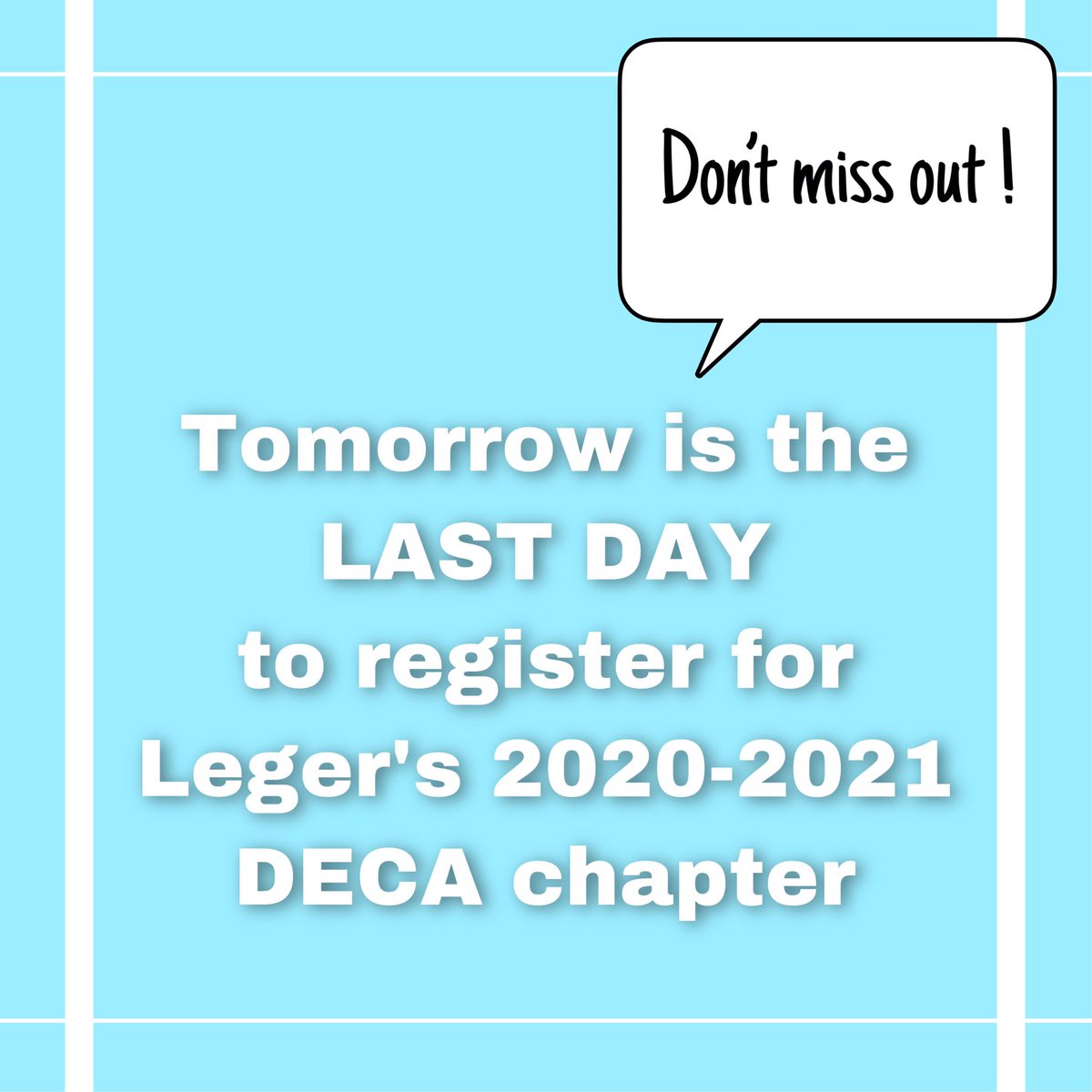 The deadline to register for our chapter is tomorrow (Monday September 28) @ 11:59pm. There will be no exceptions!!

We hope you choose to join Leger DECA :)