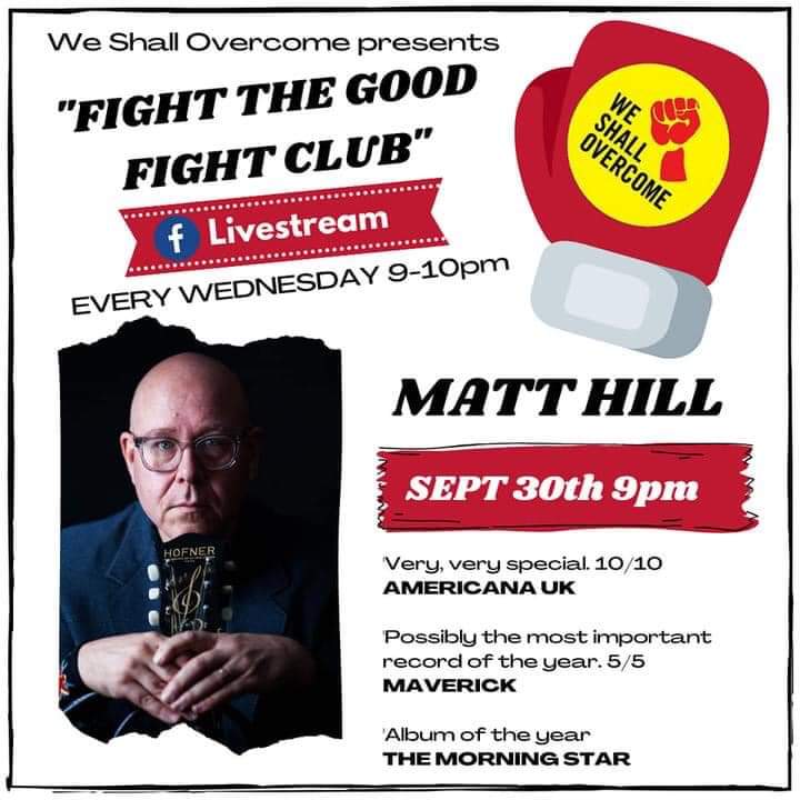 WeShallWeekend's tweet image. Couple of #WSO2020 #livestreams coming up:
🥊 Weds 30th Sept. Matt Hill (@quietloner) playing in the #FightTheGoodFightClub - proceeds to @BoothCentre #Manchester 
✊ Thurs 1st Oct. @joesolomusic Live from T'Shed #fundraising for @UnityShopHull &amp;amp; the #FTGFC musicians fund
