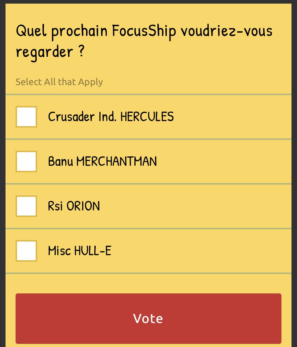 commander_fran's tweet photo. Bientôt le prochain Focus Ship?
Il est encore temps de voter pour remonter l’un ou l’autre vaisseau.
#starcitizen #starship #spaceship #scfr #focusship #sondage
https://t.co/fkcQZjOyH0 https://t.co/BllMP71uqp