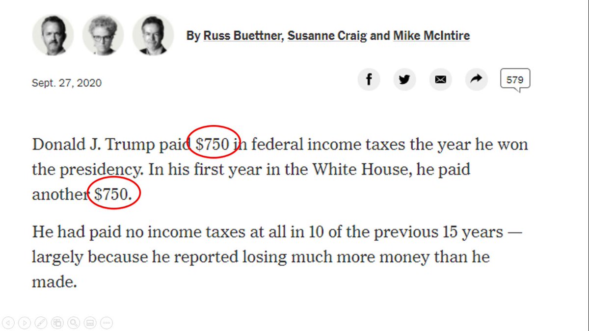 2/ Story starts with this bombshell, that Trump paid just $750 in taxes in 2016 and another $750 in 2017. Shocking numbers for someone who we estimate is worth $2.5B. (Yes, you can still be really rich and disclose a tiny income or even huge losses. More on his net worth later.)