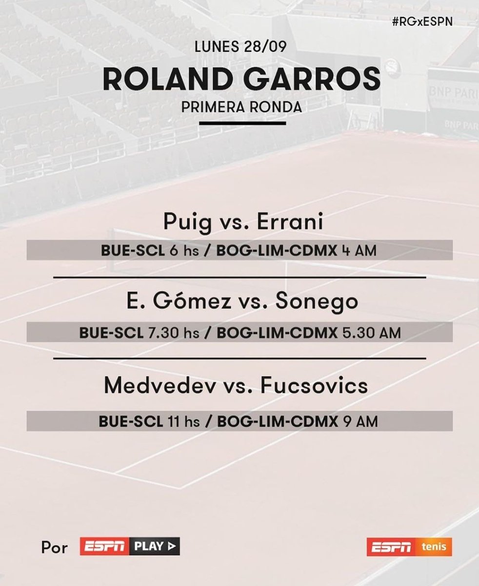 ATENCIÓN #ESPN PLAY transmitirá el partido de Emilio Gómez en #RolandGarros Como se ve en la información oficial, por las señales de Tv tradicional ESPN & ESPN 3 van otros partidos. Así que será por la plataforma digital Play entonces https://t.co/8EsaNkAOvh