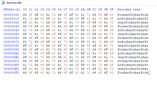 now we open up our 256 bytes of 00 file and oh lookit's now become "foobar" repeated over and over.why is that?