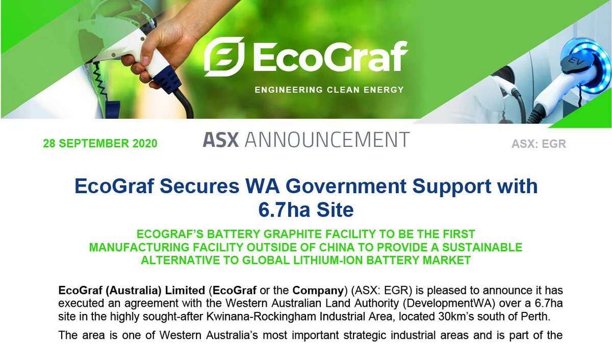 EcoGraf's tweet image. Released ASX Announcement: EGR - EcoGraf Secures WA Government Support with 6.7ha Site. Read more: bit.ly/3kSMQ5U  #batterygraphite #batteryminerals #WAmanufacturing #engineeringcleanenergy #EGR #EcoGraf