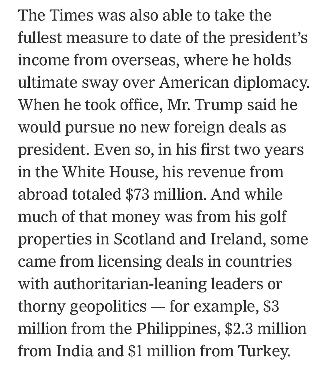 Trump made $73 million from foreign sources in his first two years in the White House, including millions in licensing deals in the Philippines, India, and Turkey: