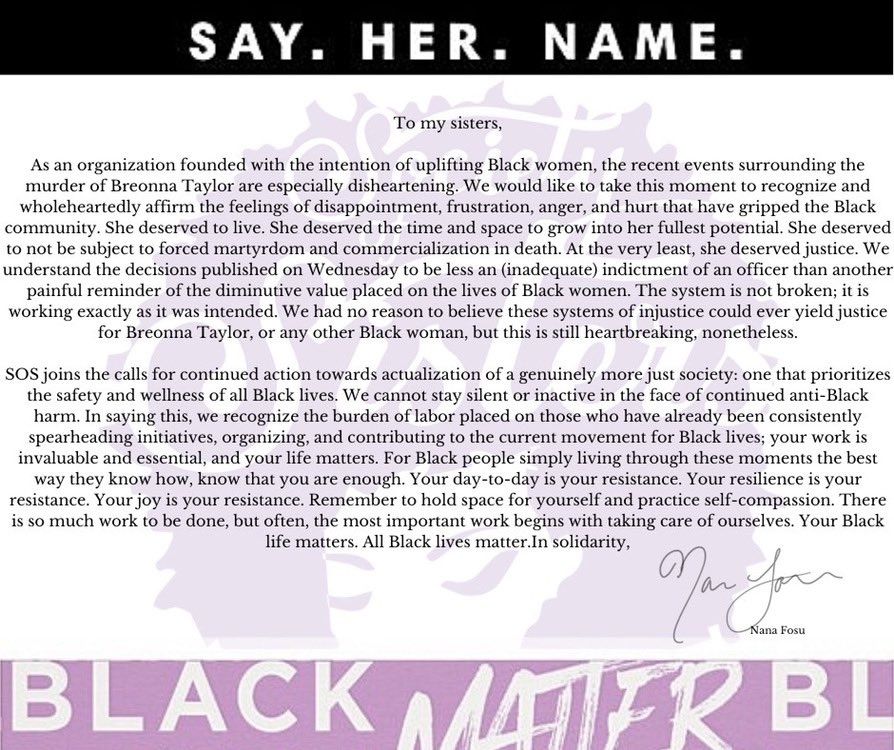 SOS_OSU's tweet image. A letter to our sisters,
we HEAR you 
we SEE you 
we STAND with you 
we ARE black women ✨❣️
#sayhername #blacklivesmatter #BreonnaTaylor