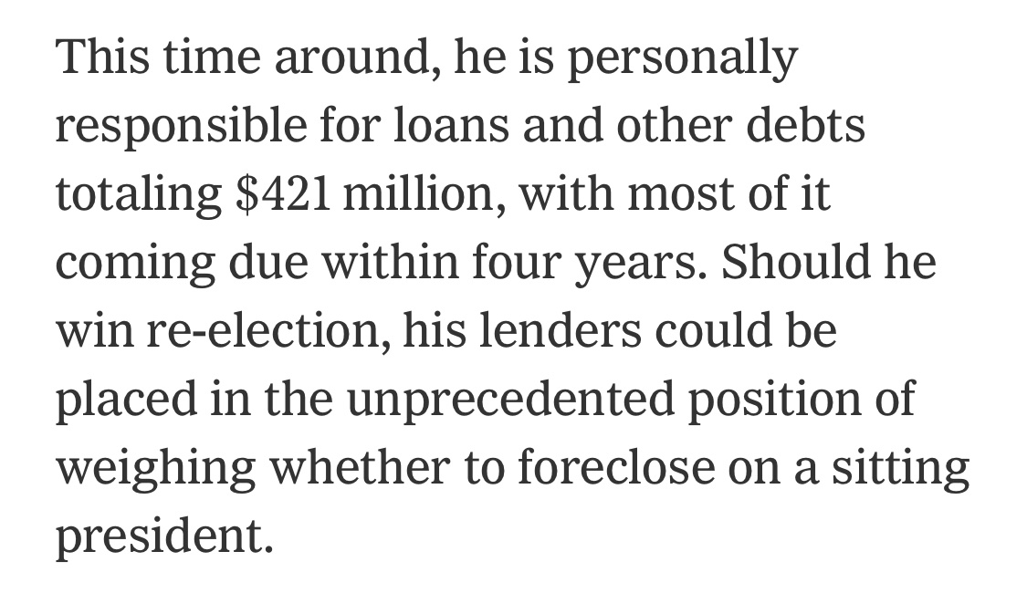 Trump ‘is personally responsible for loans and other debts totaling $421 million, with most of it coming due within four years.’