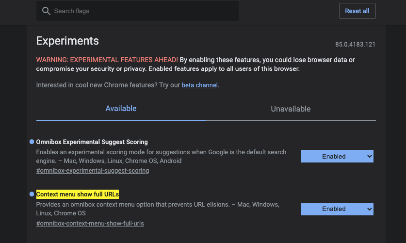 dsottimano's tweet image. The full URLs option is back in Chrome!!!! OMG thank you @ChromiumDev !  Go to chrome://flags/#omnibox-context-menu-show-full-urls , enable, restart browser, right click on URL bar and always show full urls! cc @jonoalderson (Sorry if I missed a memo on this, just found it)