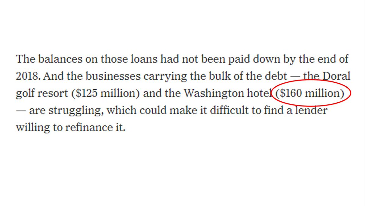 9/ There's also a loan against the DC hotel. The mortgage, which you can see below, lists it at $170M. The NYT reports that the balance is $160M. Trump may have paid down some principal here. We'll use the NYT figure for our tally. Total debt accounted for so far: $972M.