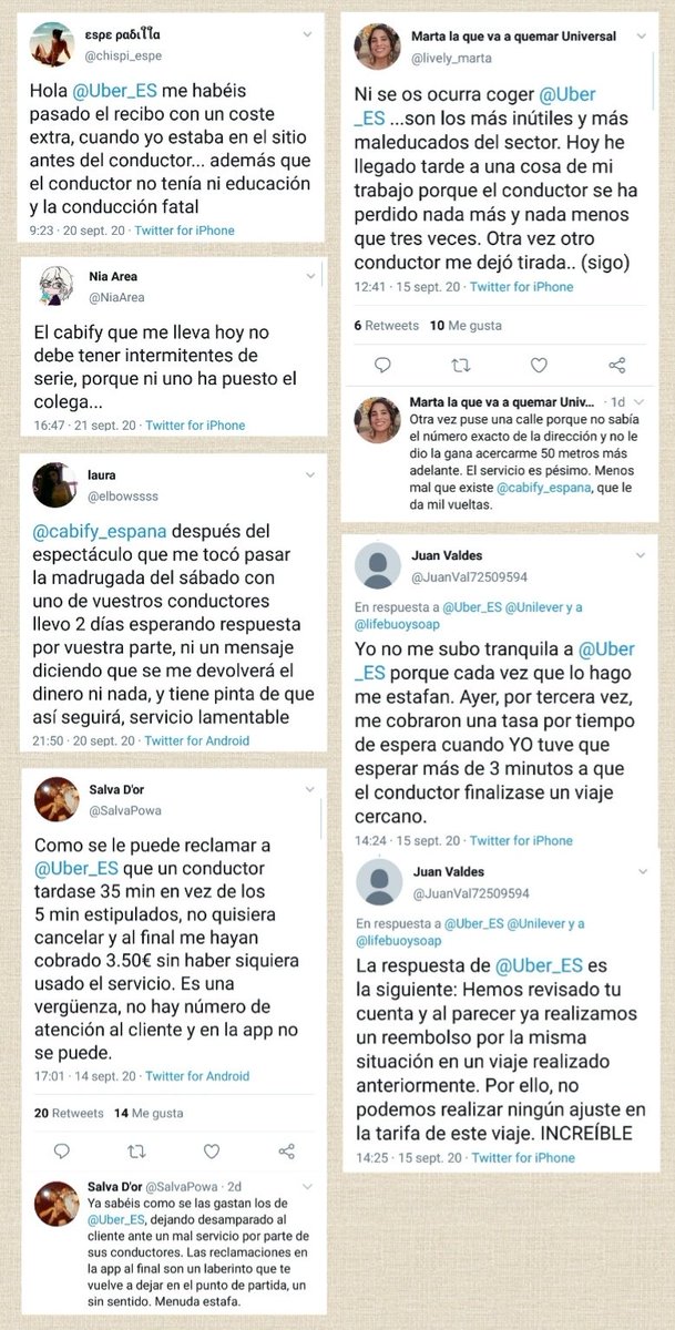 958 <a href="/consumogob/">Secretaría General de Consumo y Juego</a> <a href="/fiscal_es/">Fiscalía General</a> <a href="/DefensorPuebloE/">Defensor del Pueblo</a> <a href="/facua/">FACUA</a> <a href="/consumorg/">Consumidores Org</a> @CECUmadrid <a href="/ADICAE/">ADICAE</a> <a href="/consumidores/">OCU</a>

Conductores #Maleducados;

Cobros INJUSTOS después de #LargasEsperas;

Y, como no... #Desamparados por los RESPONSABLES.

#QuejasVTC #Uber #Cabify #EstafaCabifyUber