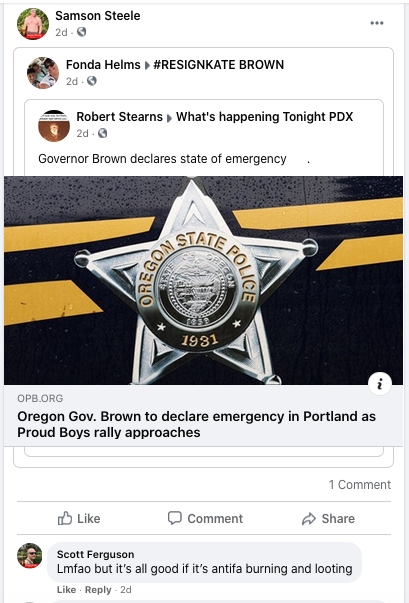 2/ On his Facebook page, Steele posts a variety of reactionary content, including anti-socialist memes, and spreads conspiracy theories about "antifa burning and looting."