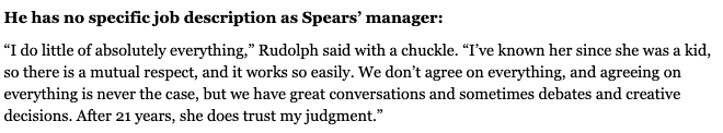 In this article around the opening of Britney's Vegas residency, Larry said he doesn't really have a job description as Britney's manager and admitted they "don't agree on everything."  #FreeBritney