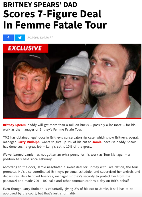 Oddly, during Britney's Femme Fatale Tour, Larry Rudolph gave back 2% of his cut to Jamie Spears because he's done "such a great job." Meanwhile, Britney is still under a court-ordered conservatorship.  #FreeBritney