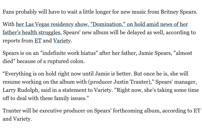 Larry Rudolph pushed the narrative that the new residency and Britney's next album would be delayed "due to her father Jamie's health struggle."  #FreeBritney