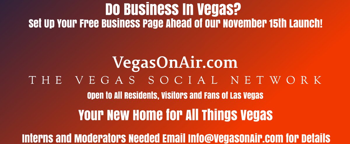 VegasOnAir.com Vegas Social Network
Have a Vegas Business, Blog, Video Channel, Group/Page, Charity or Service?  
Set Up Your Free Page Today Ahead of November 15th Launch
Others Join Now + Become a Founding Member  w/Special Perks
Your New Home for All Things Las Vegas