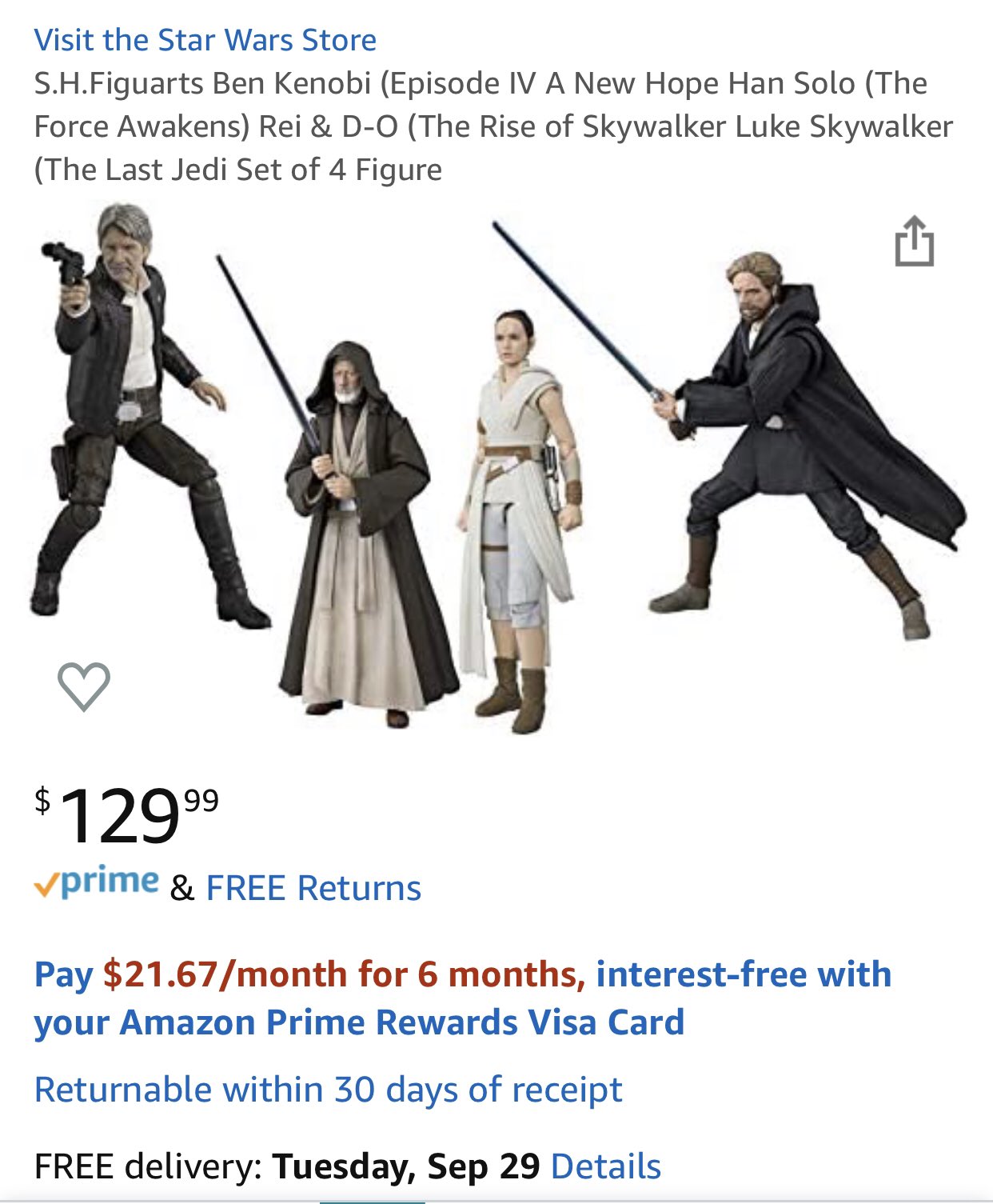 preternia on X Amazon has a lot of 4 Star Wars Figuarts that includes old Obi Wan old Han old Luke and not old Rey. 129.99 but it is a third party seller